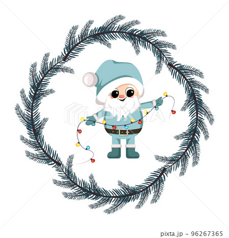 Small winter gnome with long white beard, happy face and gift in fir tree frame. Character for New Year, Christmas and winter design. Vector flat illustration 96267365