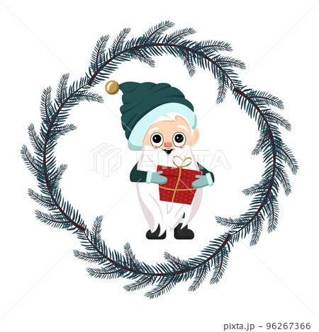 Small winter gnome with long white beard, happy face and gift in fir tree frame. Character for New Year, Christmas and winter design. Vector flat illustration Small winter gnome with long white beard, happy face and gift in fir tree frame. Character for New Year, Christmas and winter design. Vector flat illustration 96267366