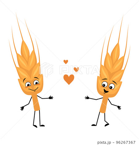 Cute ear of wheat character with love emotions, smile face, arms and legs. Healthy cereal with funny expression and posture, vitamin rich food. Vector flat illustration Cute ear of wheat character with love emotions, smile face, arms and legs. Healthy cereal with funny expression and posture, vitamin rich food. Vector flat illustration 96267367