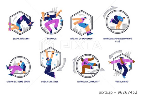 Set of icons about parkour and freerunning flat style, vector illustration 96267452