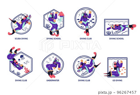 Scuba diving icons set, flat vector illustration isolated on white background. 96267457