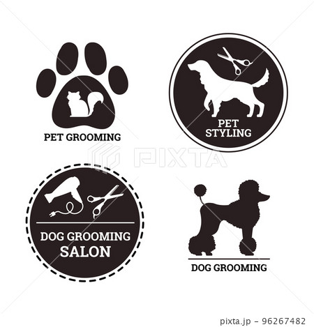 Pet grooming salon logo templates, silhouette of pets and grooming equipment, vector illustration isolated on white. Pet grooming salon logo templates, silhouette of pets and grooming equipment, vector illustration isolated on white. 96267482