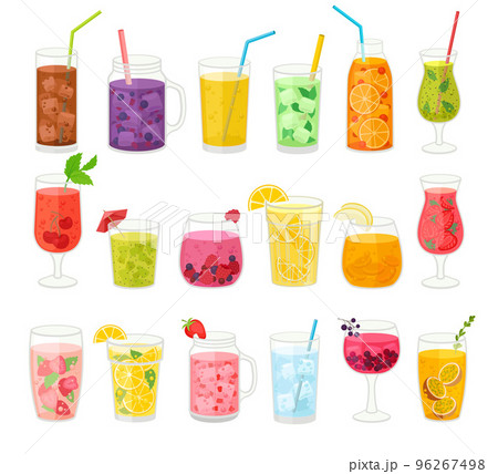 Summer Fruit Drinks and Lemonade as Refreshing Beverage in Glass with Straw Big Vector Set Summer Fruit Drinks and Lemonade as Refreshing Beverage in Glass with Straw Big Vector Set 96267498