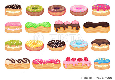 Donuts and Eclair as Choux Dough Pastry with Cream Filling and Sugar Glaze Big Vector Set 96267506