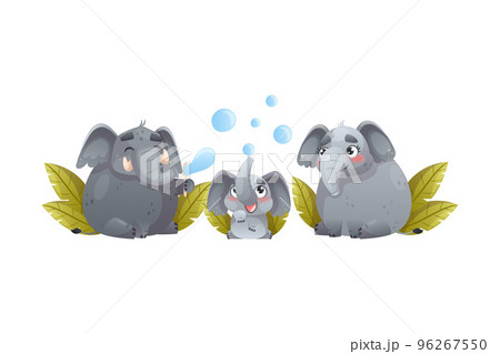 Elephant Family with Parent and Sweet Baby Blowing Soap Bubbles Vector Illustration 96267550