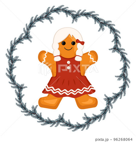 Gingerbread man, decoration for new year, Christmas and holidays in fir tree frame. Character for winter card and design. Vector flat illustration Gingerbread man, decoration for new year, Christmas and holidays in fir tree frame. Character for winter card and design. Vector flat illustration 96268064