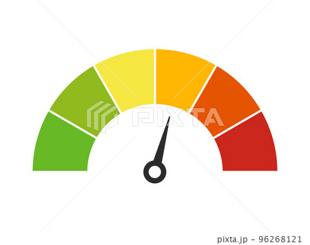 Vector color speedometer meter with arrow for dashboard with green, yellow, orange and red indicators. Gauge of tachometer. Low, medium, high and risk levels. Bitcoin fear and greed index 96268121
