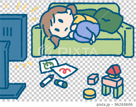 懶洋洋看電視的女孩插畫 懶洋洋看電視的女孩插畫 96268606