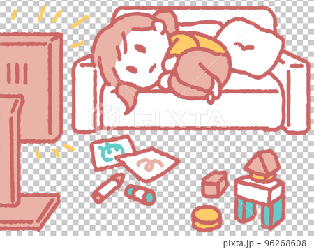 懶洋洋看電視的女孩插畫 懶洋洋看電視的女孩插畫 96268608