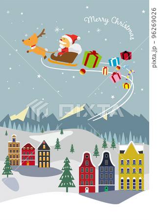 クリスマスの雪景色のまちをトナカイのそりに乗って空を飛ぶサンタさんのイラスト（はがきサイズ） 96269026