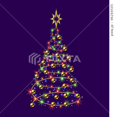 Fancy christmas tree made of festive colorful garland, gold balls, bethlehem gold star on top. Glowing sparkles, stars on wire strings. Spiral shape of tree. No transparency effect 96269505