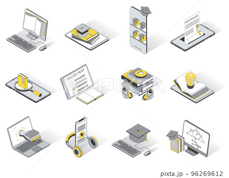 Online education 3d isometric icons set. Pack elements of reading e-books, online library, distance learning, testing, listening to lectures, graduation. Vector illustration in modern isometry design 96269612