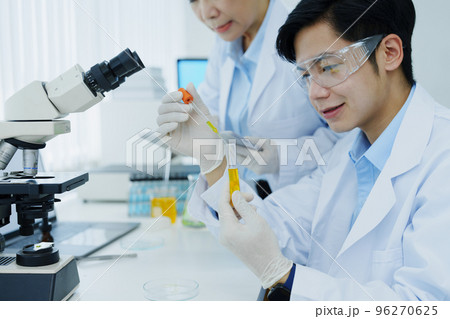 medical research laboratories, scientists analyze chemical samples Discuss technological innovations. Advanced scientific laboratories for medicine, biotechnology 96270625