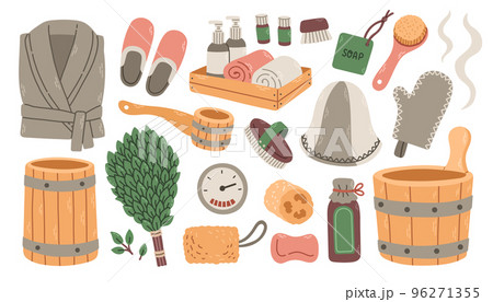 Set of items for russian bath and sauna, flat design elements on the theme of sauna, isolated on a white, hand-drawn 96271355