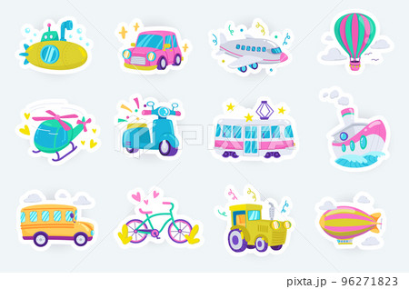 Transport cute stickers set in flat cartoon design. Bundle of submarine, car, airplane, helicopter, scooter, tram, ship, bus, tractor and other. Vector illustration for planner or organizer template 96271823
