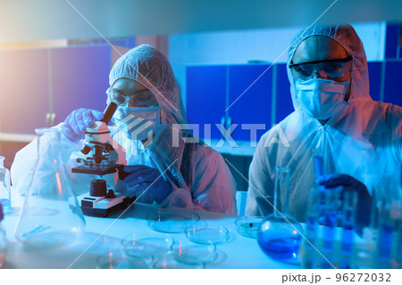 Doctor in the laboratory analyzes samples under a microscope. Pharmaceutical treatment concept. Doctor in the laboratory analyzes samples under a microscope. Pharmaceutical treatment concept. 96272032