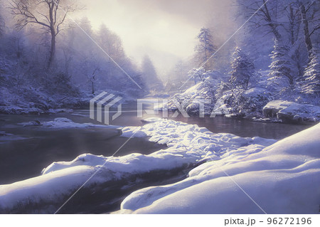 Winter in the woods with snow covered trees and a spectacular mountain landscape glowing by sunlight 96272196