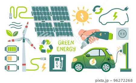 Green energy set isolated on white background, wind generator and solar battery, green energy, electric car and charging 96272268