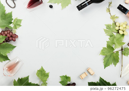 Flat-lay of red, rose and white wine in glasses on white backgroun, mock up, templated Flat-lay of red, rose and white wine in glasses on white backgroun, mock up, templated 96272475