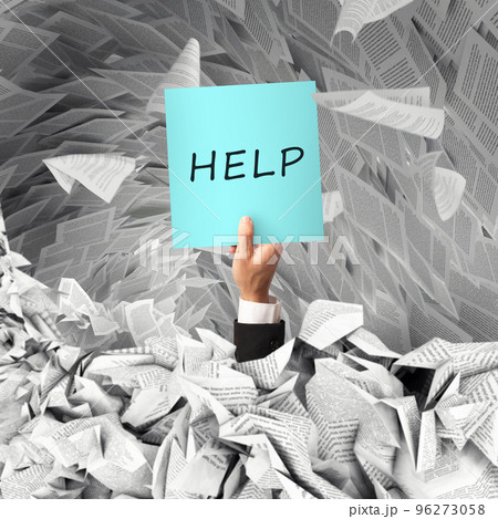 Worker overwhelmed by paperwork calls for help with a sign in hand as it is sinking Worker overwhelmed by paperwork calls for help with a sign in hand as it is sinking 96273058