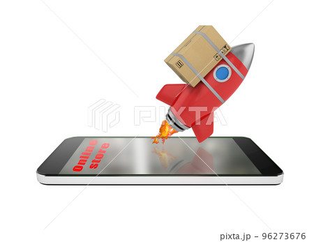 Smartphone with a rocket that exit from screen. concept of fast internet delivery Smartphone with a rocket that exit from screen. concept of fast internet delivery 96273676
