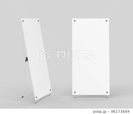 Blank roll up banner, mockup vertical x stand front and side view, 3d render. Realistic set of white board, display for exhibition or promotional presentation isolated on background 96273684