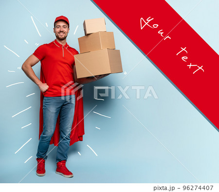 Courier has a lot of boxes to delivery. Emotional expression. Cyan background 96274407