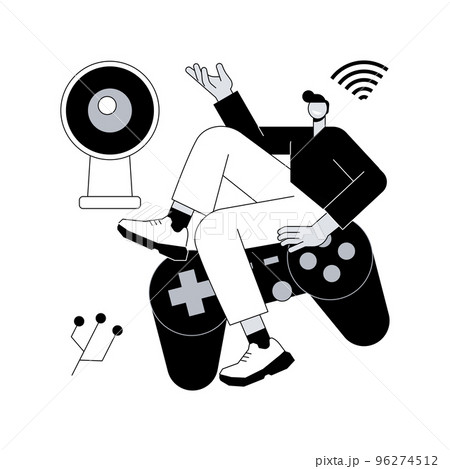 Smart TV accessories abstract concept vector illustration. Wireless accessories, smart TV application, interactive entertainment, gaming tools, home cinema device, sound system abstract metaphor. 96274512