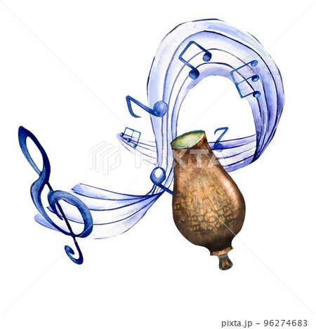 Treble clef, musical notes and drum watercolor illustration on white. 96274683