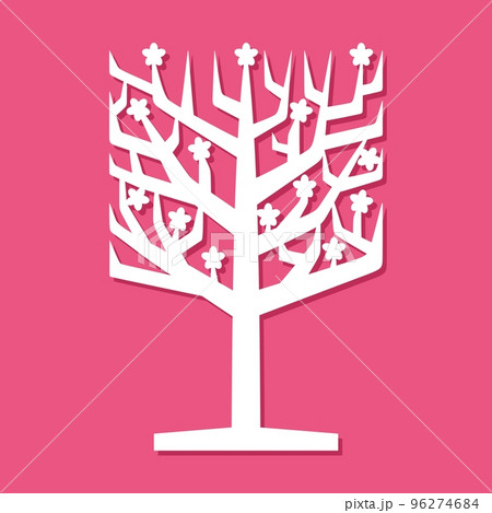 Flowering cute tree without leaves. Abstract square crown, branches, flowers, trunk on a stand. Theme of spring, awakening of nature. Template for plotter laser cutting of paper, metal, wood, plywood. 96274684