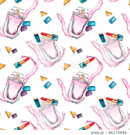 Perfume bottle with splash, rouge watercolor seamless pattern isolated on white. Perfume bottle with splash, rouge watercolor seamless pattern isolated on white. 96274686