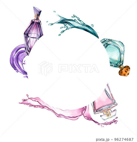 Frame of parfume bottles with water splash watercolor illustration isolated on white. Frame of parfume bottles with water splash watercolor illustration isolated on white. 96274687