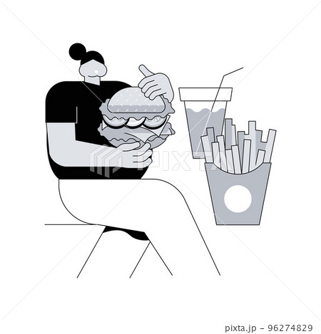 Overeating addiction abstract concept vector illustration. Compulsive overeating, sugar addiction, binge eating disorder symptom, mental problem, addictive food-related behavior abstract metaphor. 96274829
