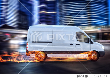 Super fast delivery of package service with van with wheels on fire. 96274964