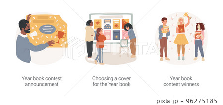 Year book isolated cartoon vector illustration set. Contest announcement, year book design, choosing a cover, exhibition in a school hall, announcing winners, children hold artwork vector cartoon. Year book isolated cartoon vector illustration set. Contest announcement, year book design, choosing a cover, exhibition in a school hall, announcing winners, children hold artwork vector cartoon. 96275185