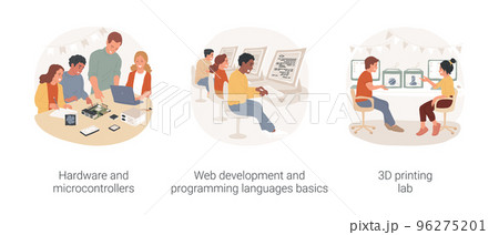 Computer science in high school isolated cartoon vector illustration set. Hardware and microcontroller, web development lesson, programming languages basics, 3d printing lab vector cartoon. 96275201