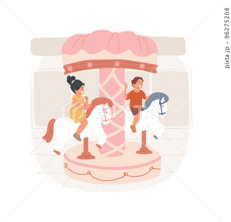 Merry-go-round isolated cartoon vector illustration. Amusement for kids, mini indoor carousel, child sitting on a toy horse, children riding, merry-go-round in shopping mall vector cartoon. 96275208