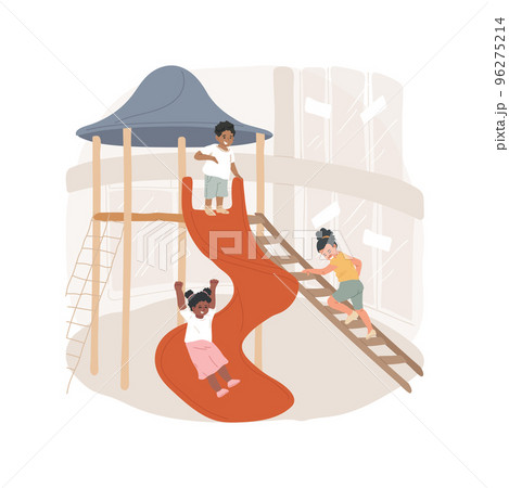 Shopping mall playground isolated cartoon vector illustration. Family shopping with kids, mall indoor entertainment center, child slides down, children having fun on playground vector cartoon. 96275214