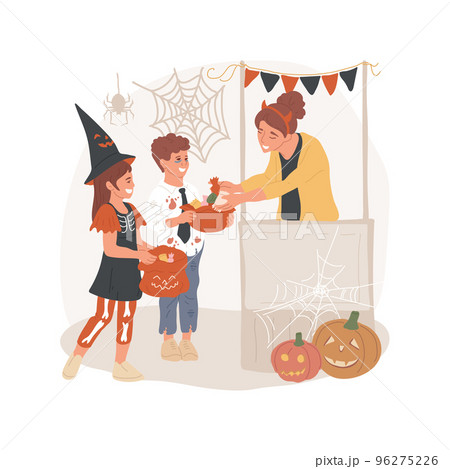 Trick or treating isolated cartoon vector illustration. Trick-or-Treat bag, map of mall stores and candy stations, Halloween tradition, collecting sweets, children in costumes vector cartoon. 96275226