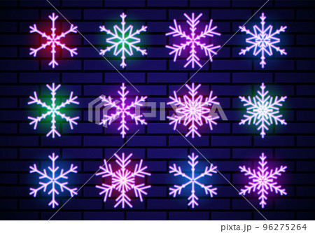 Set of neon snowflakes for Christmas decoration. Neon glowing snowflakes for winter holidays celebration. Collection ofsjiny elements or signs. 96275264