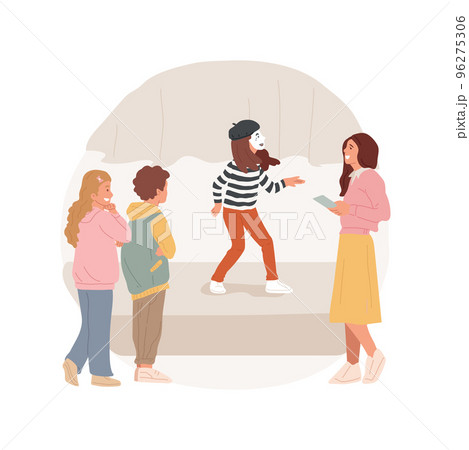 Pantomime techniques isolated cartoon vector illustration. Art education, teaching pantomime to kids, theatre class in middle school, student with mime painted face, clowning vector cartoon. 96275306
