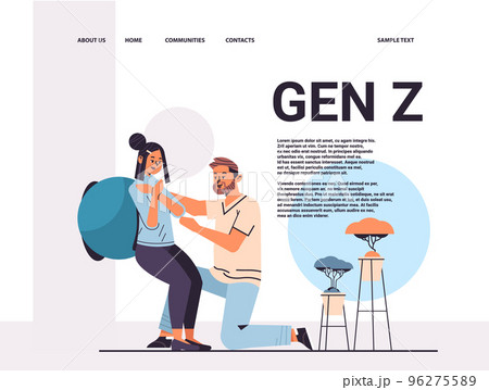 fitness trainer with young female patient doing squats with fit ball generation z lifestyle concept 96275589