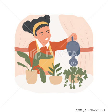 Watering plants isolated cartoon vector illustration. Care of environment activity, montessori preschool, kid waters plants in classroom, practical life, pouring water in pot vector cartoon. 96275621