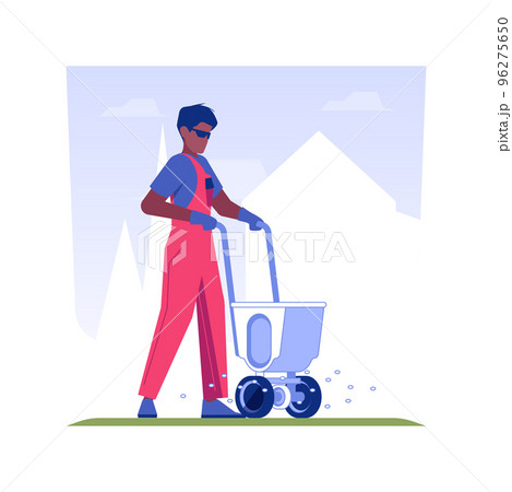 Lawn fertilization isolated concept vector illustration. Gardener in uniform deals with lawn fertilization using special equipment, exterior works, meadow maintenance vector concept. 96275650