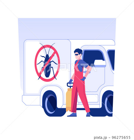 Pest control service isolated concept vector illustration. Smiling pest control service worker with sprayer near truck, private house maintenance, mold extermination vector concept. Pest control service isolated concept vector illustration. Smiling pest control service worker with sprayer near truck, private house maintenance, mold extermination vector concept. 96275655