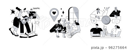 Hangouts abstract concept vector illustration set. Friends meeting, romantic blind date, leisure time, soul mate, romantic relationship, love story, Valentine day, restaurant abstract metaphor. Hangouts abstract concept vector illustration set. Friends meeting, romantic blind date, leisure time, soul mate, romantic relationship, love story, Valentine day, restaurant abstract metaphor. 96275664