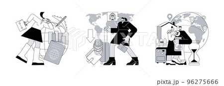 Homeland abstract concept vector illustration set. Emigration, repatriation grant, return migration, foreign residence, resident country, moving abroad, flying home, job offer abstract metaphor. 96275666