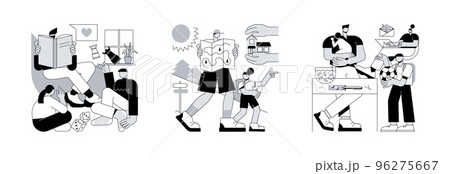 Parenthood abstract concept vector illustration set. Modern dads, fatherhood care, stay-at-home dads, happy kid family, fathers day, breadwinner mom, parental leave, domestic work abstract metaphor. Parenthood abstract concept vector illustration set. Modern dads, fatherhood care, stay-at-home dads, happy kid family, fathers day, breadwinner mom, parental leave, domestic work abstract metaphor. 96275667