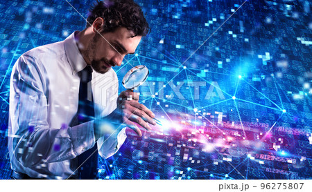 Businessman analyzes a computer system for virus and hacker attacks 96275807