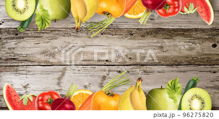 Fruit banner on wood background 96275820